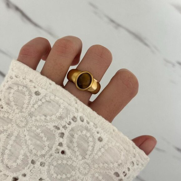 American Vintage Jewelry - Sku0335‎ Retro Gold/Brown Tiger eye Stone Women Casual Fashion Ring + gift box